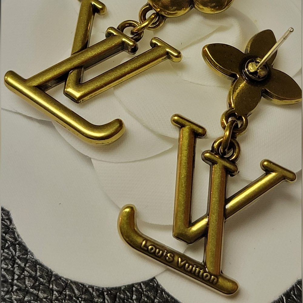 GWP Antique Gold LV Monogram Drop Earrings